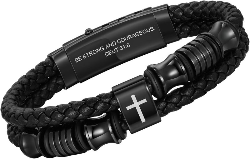 TempBeau Store Christian Black Leather Bracelet for Men - Double-Row Braided Leather Faith Cross Bracelets for Men Jewelry Gift Religious Baptism Easter Gifts for Young Men Teenage,Adjustable Wristband - Image 1
